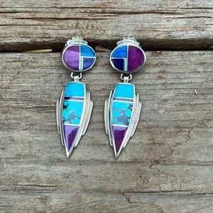 Vintage Navajo Artesian Turquoise, lapis,Sugilite, amethyst inlay drop earrings